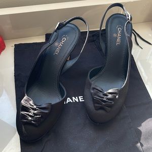 Chanel Black Satin Embellished CC Bow Heels sz 37.5